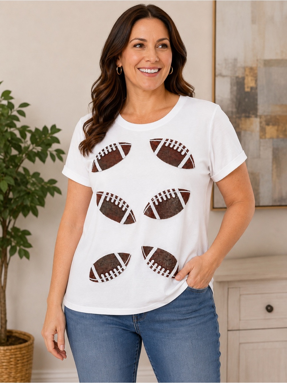 Pearl’s Size L Rhinestone Football Tee White Game Day Bling Shirt